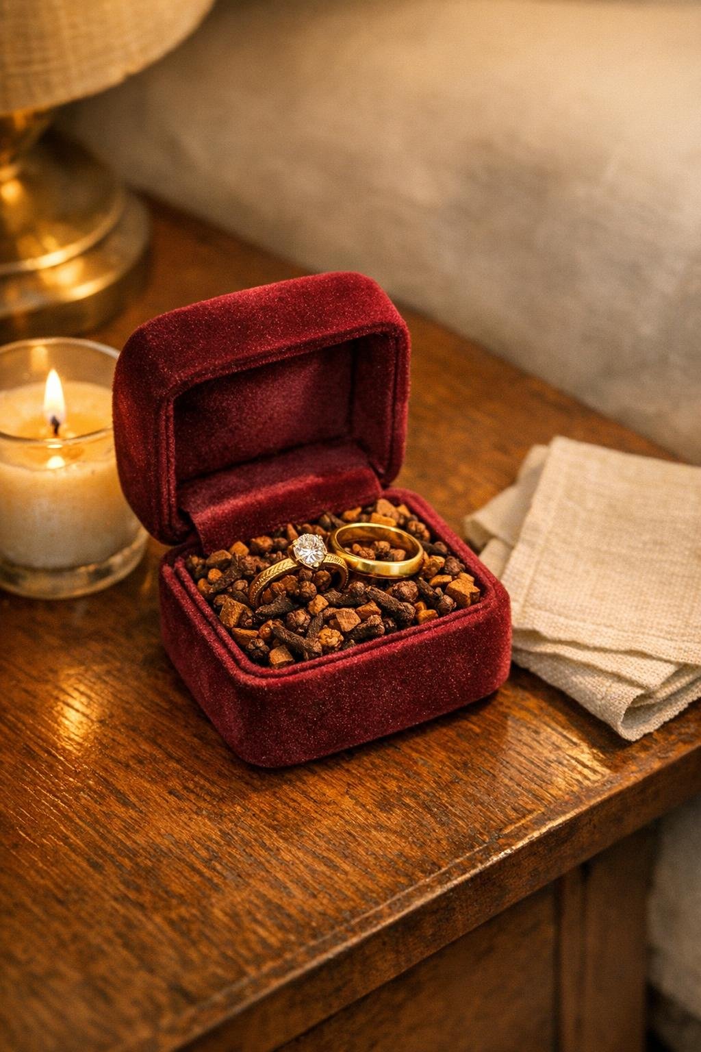 Finished velvet ring box ring holder on a bedroom nightstand