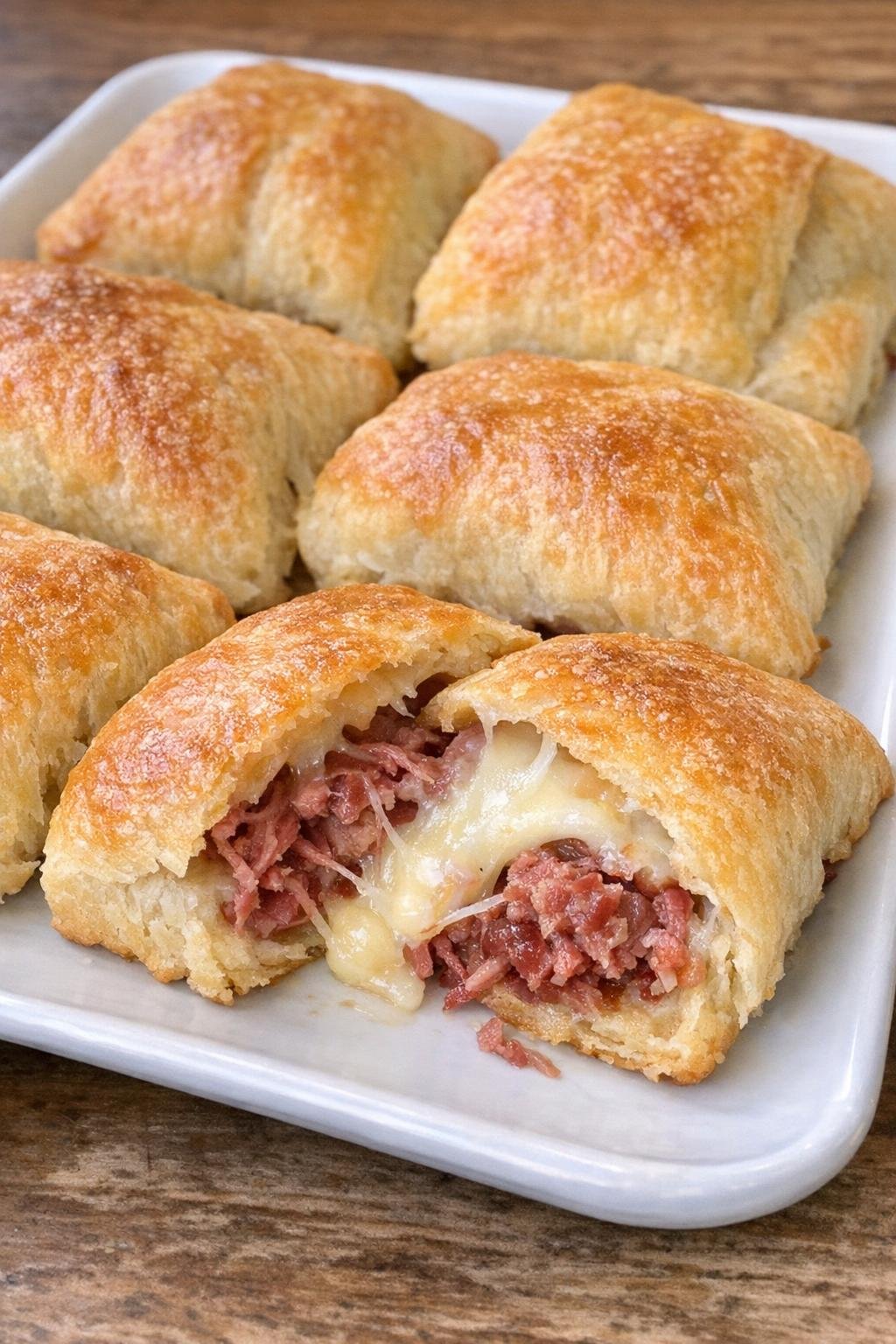 Golden brown crescent dough squares filled with corned beef and melted muenster cheese