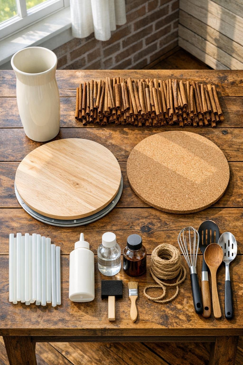 Materials laid out for making a kitchen utensil crock with a vase, cinnamon sticks, and lazy susan