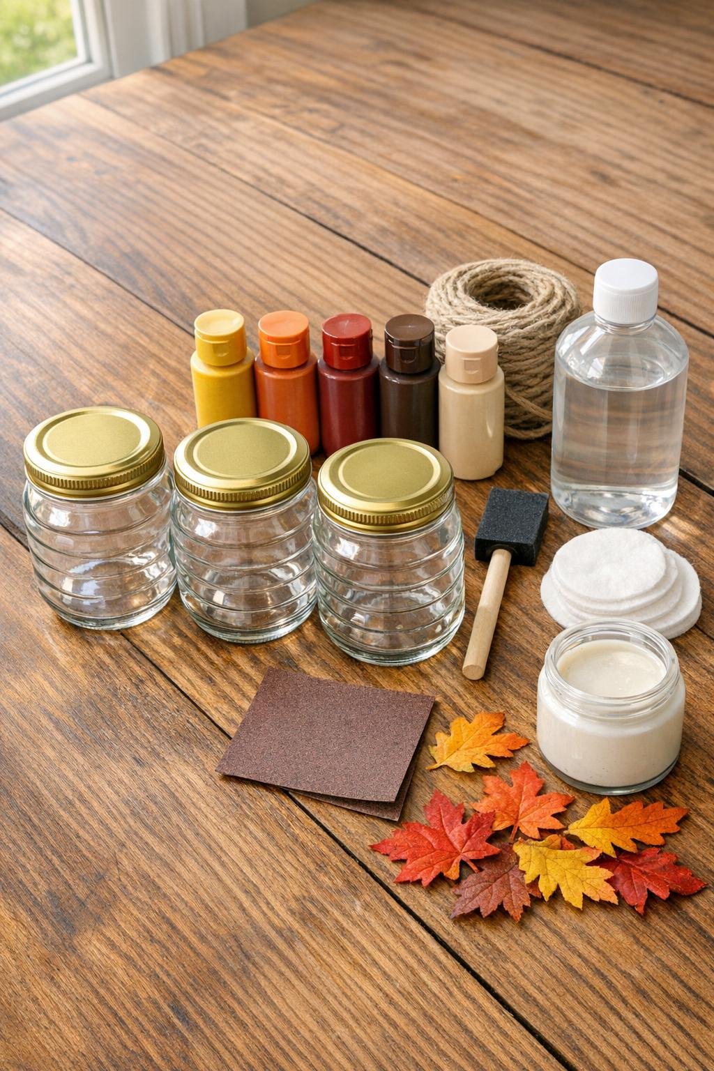Materials for fall bathroom canisters laid out on a table