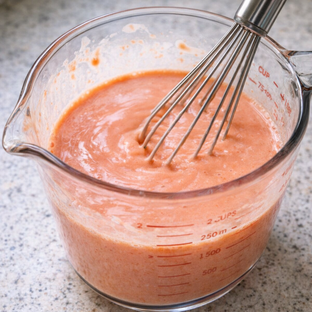 Tomato soup and milk being whisked together