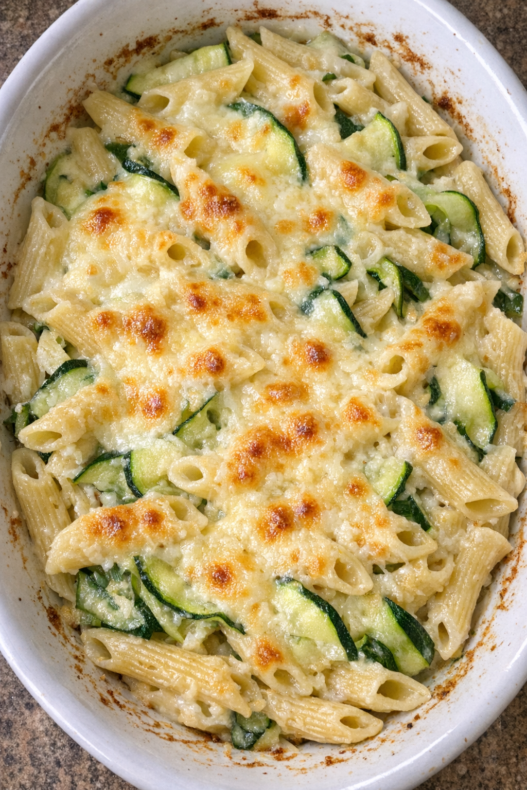 Creamy penne pasta with zucchini ribbons and melted parmesan in a white oval baking dish