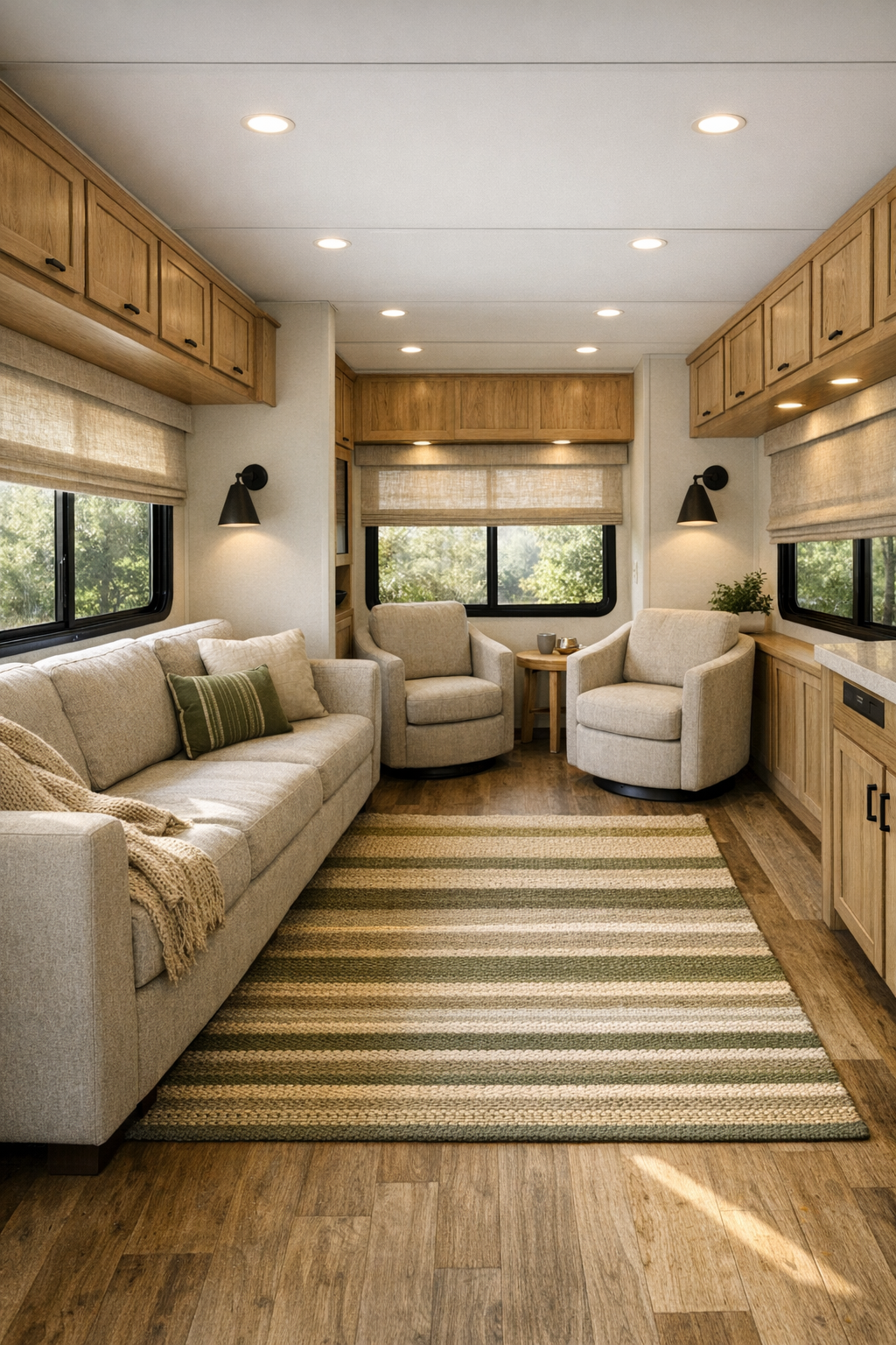 Accessible RV camper living room with oak cabinetry and oatmeal seating