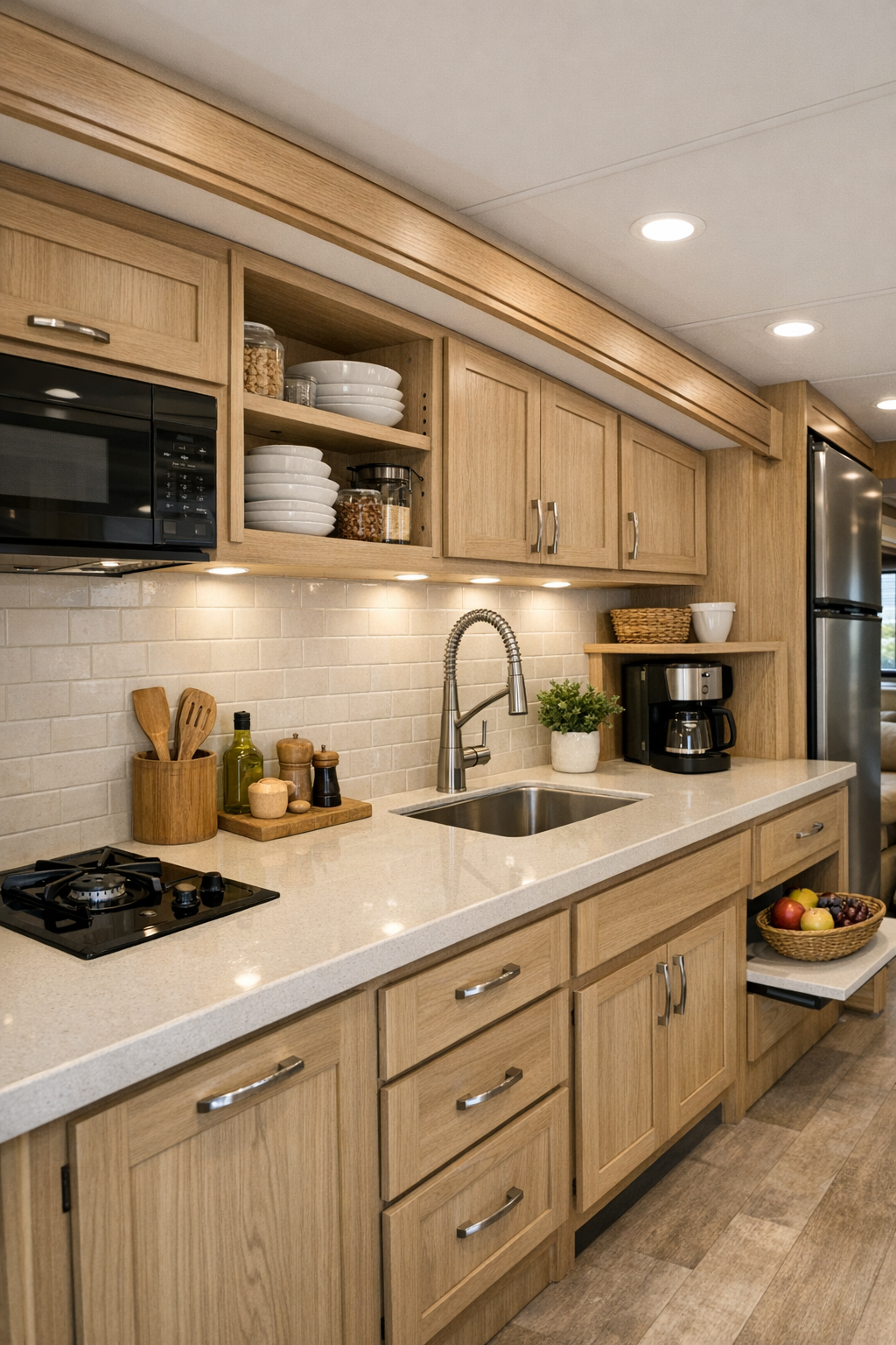 Accessible RV kitchen with pale wood cabinets, cream counters, and bright task lighting
