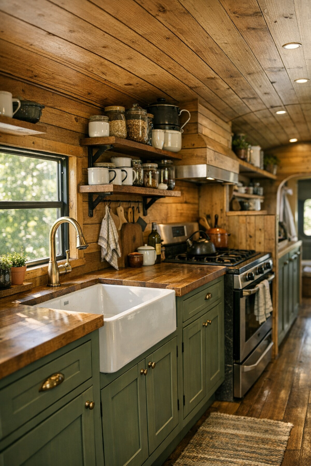 Farmhouse-style bus kitchen with sage cabinets and butcher block counters