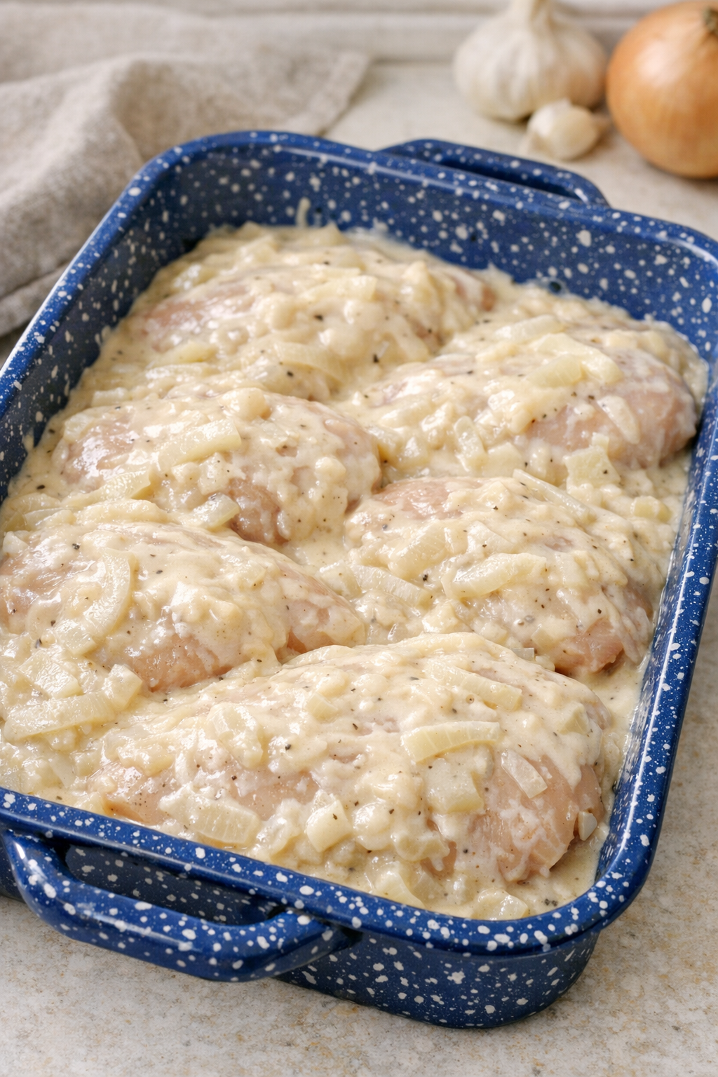 Chicken breasts covered with creamy soup mixture in baking pan
