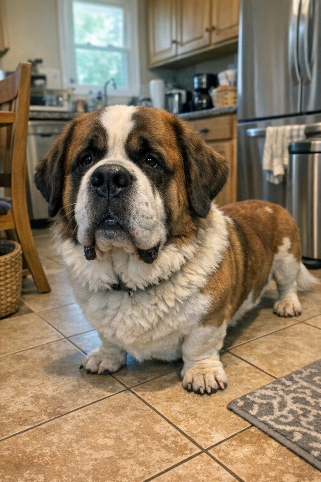 A dog with a large fluffy Saint Bernard-like head on short Basset Hound legs standing on a kitchen floor