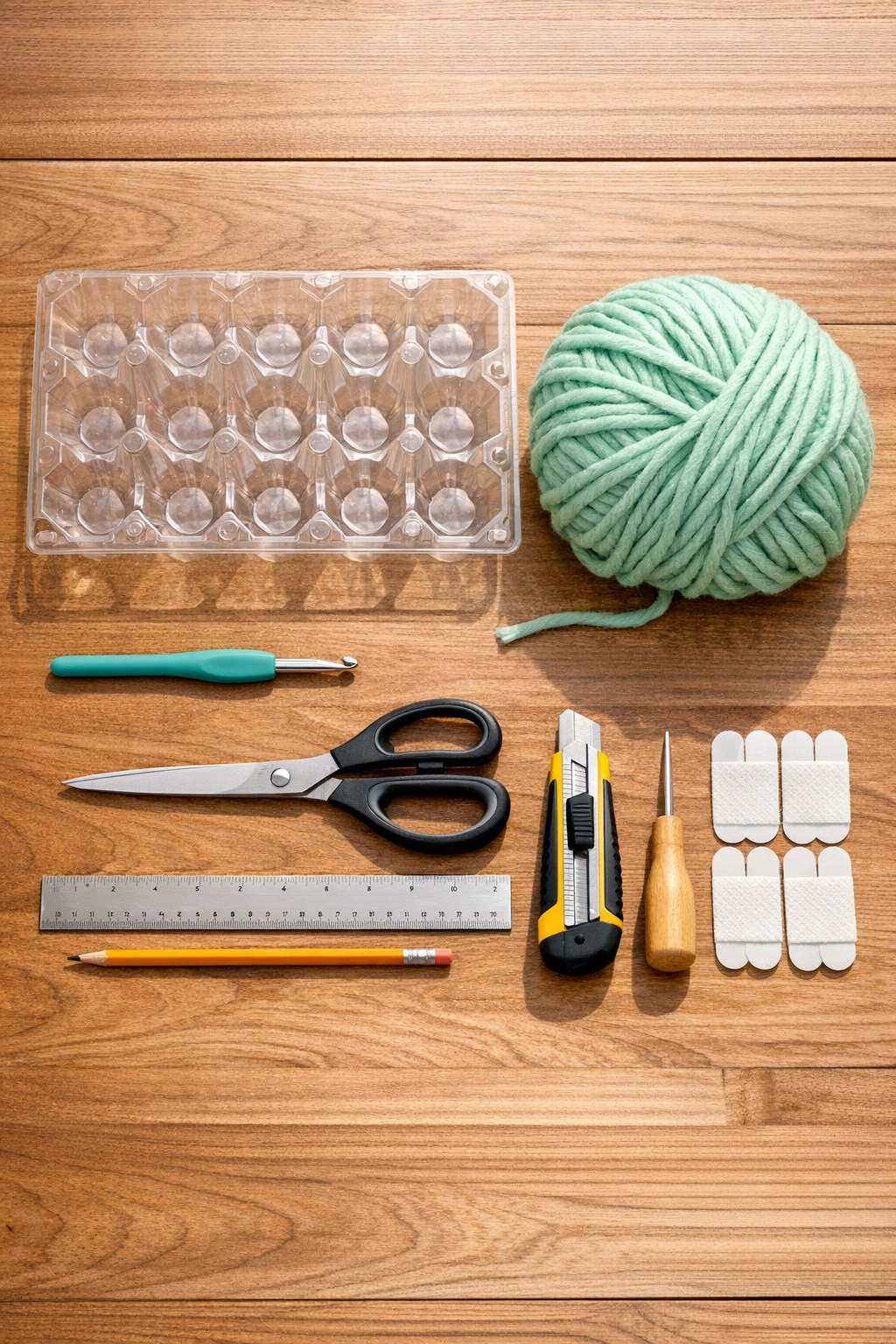Materials for a crochet egg carton cord organizer laid out on a table