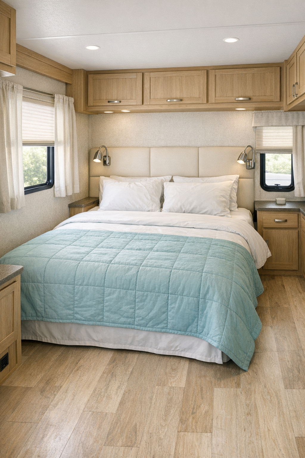 Calm RV bedroom with cream upholstered headboard, white bedding, and pale aqua quilt