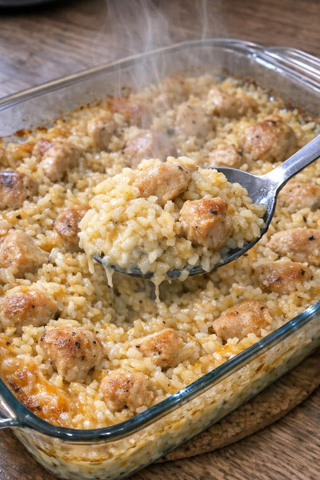 Baked rice and chicken in a glass baking dish