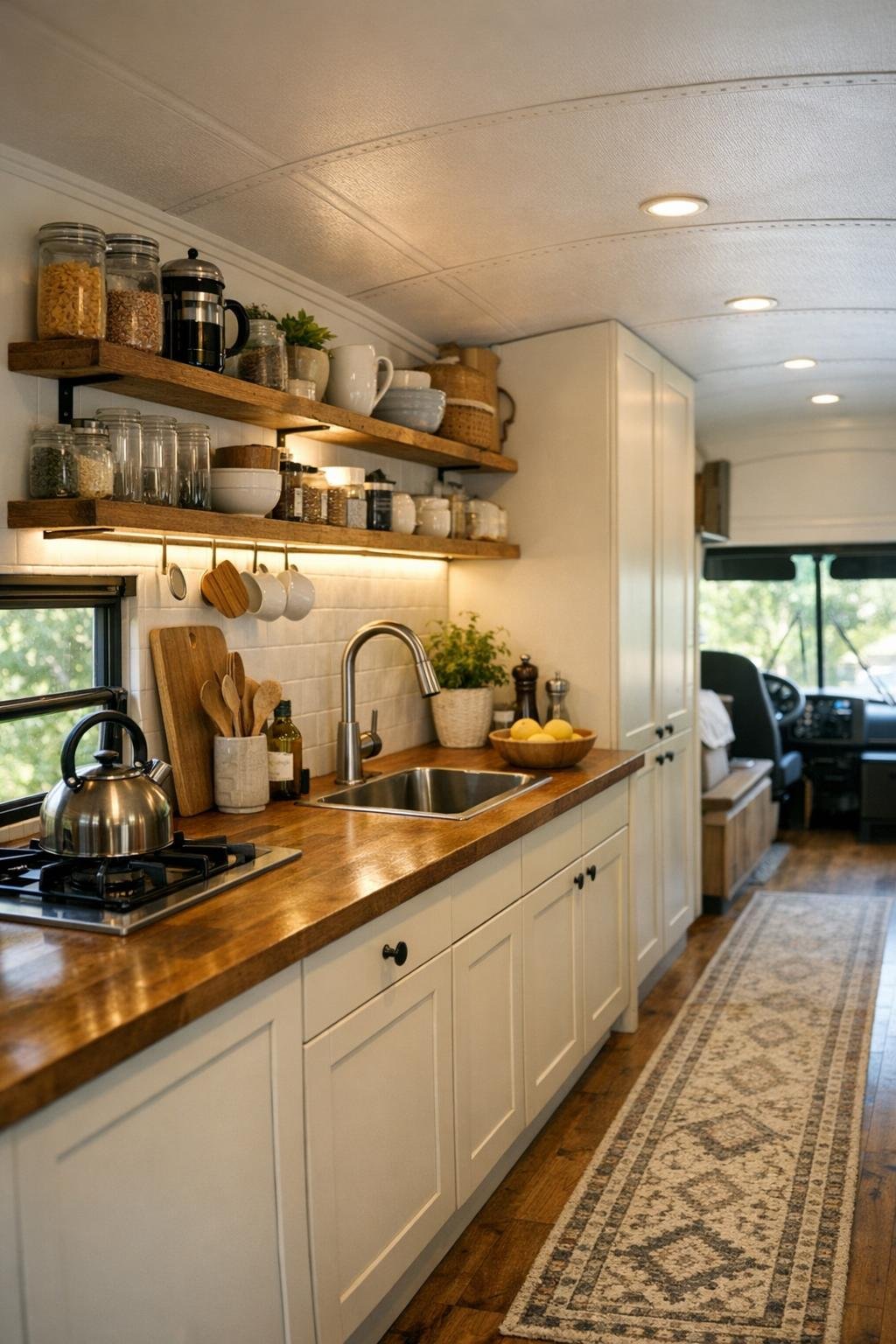 Compact bus kitchen with cream cabinetry and butcher block counters