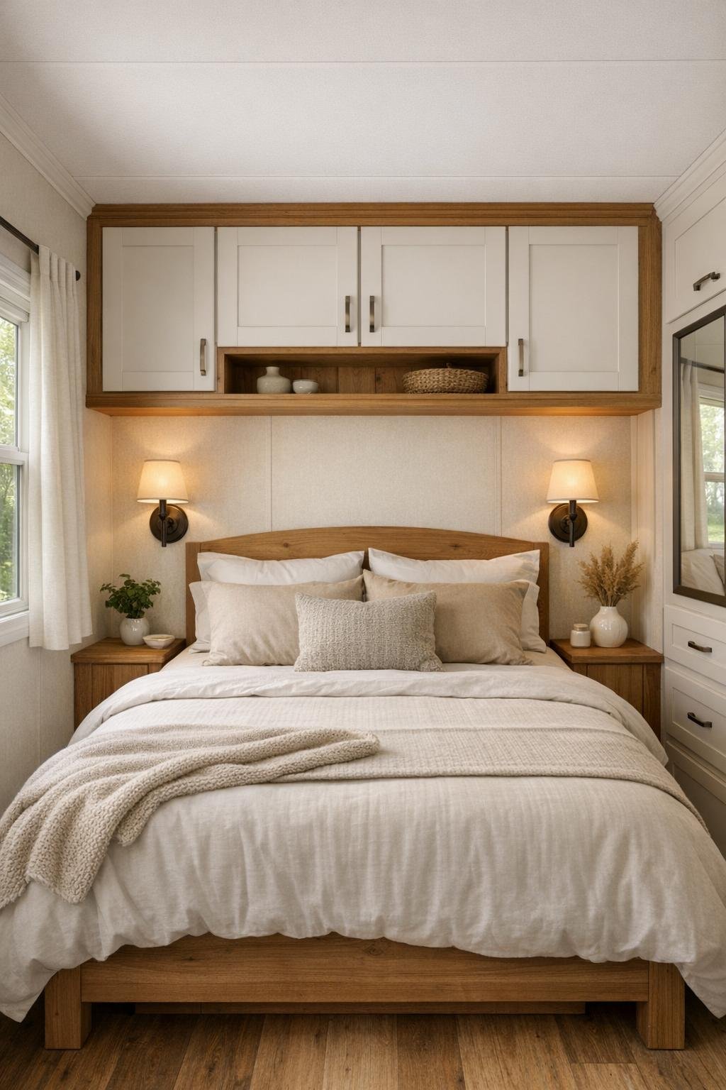 Soft neutral bedroom with layered bedding, wall sconces, and built-in storage