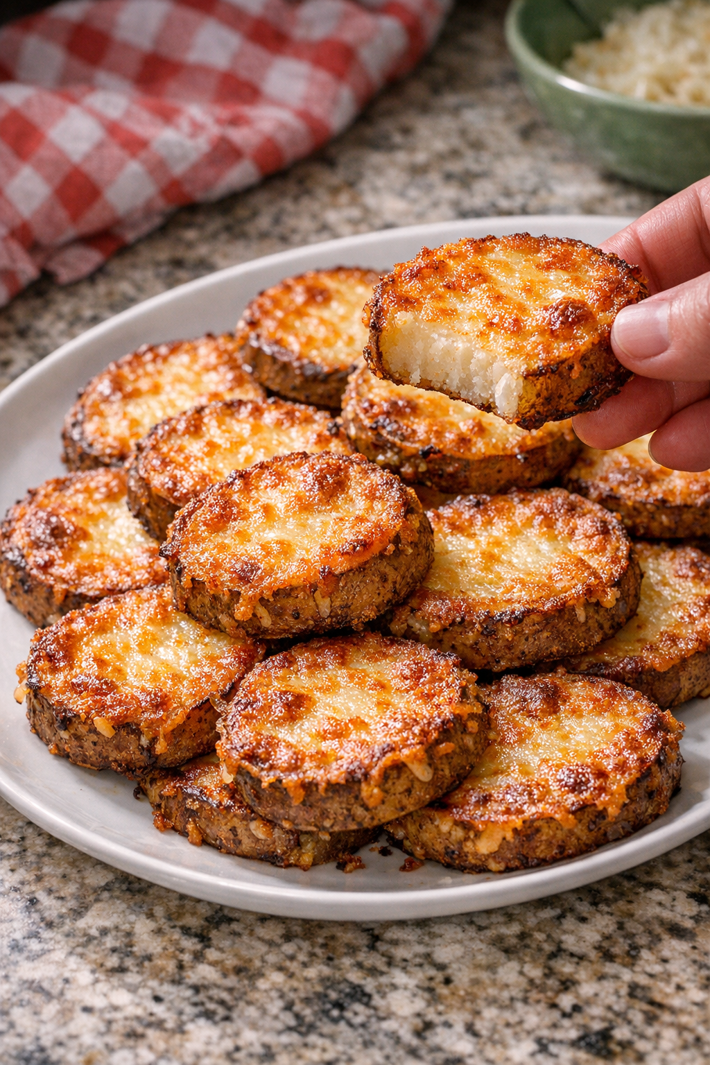Finished plated cheesy potato rounds
