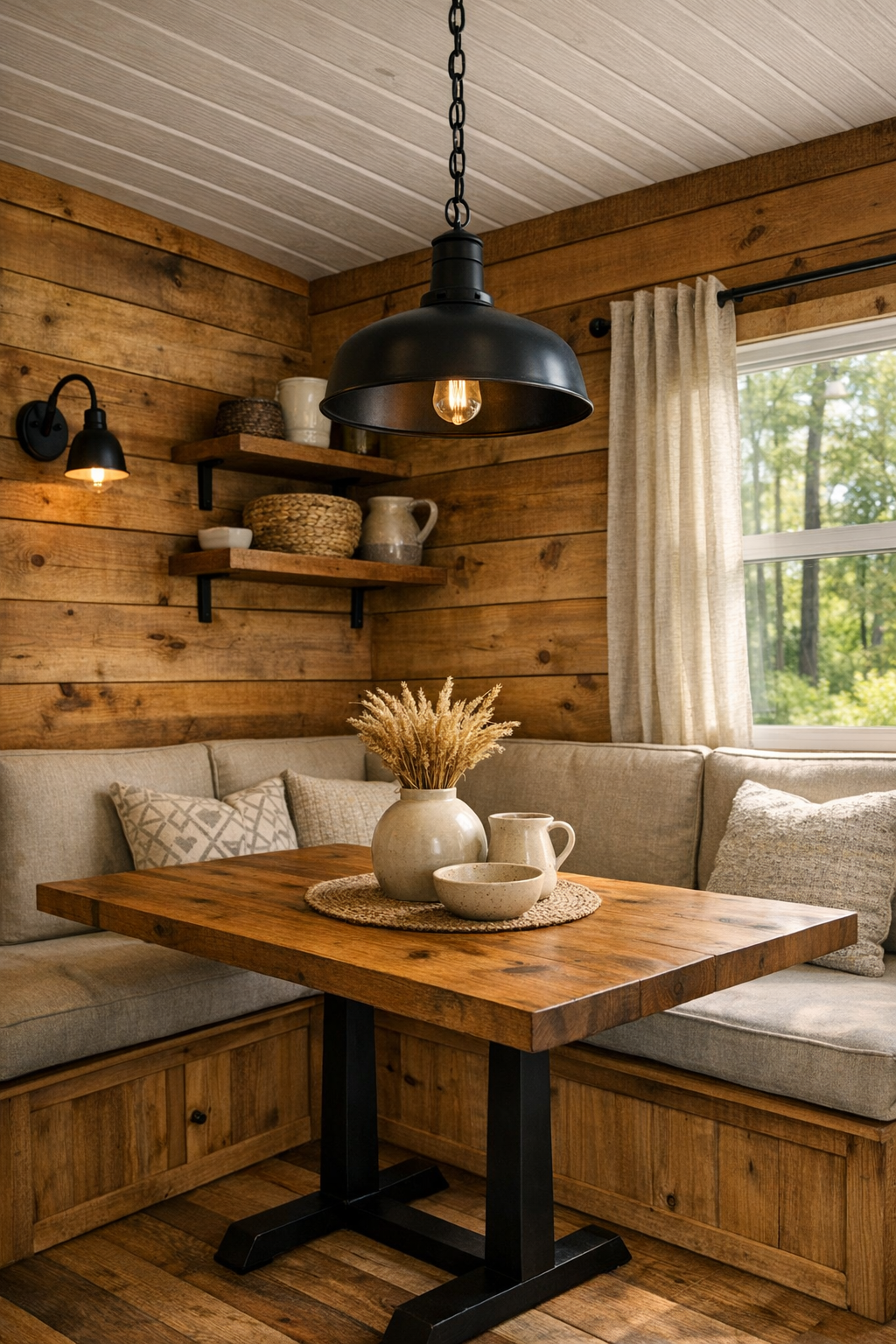 Cozy rustic dining nook with built-in banquette and solid wood table