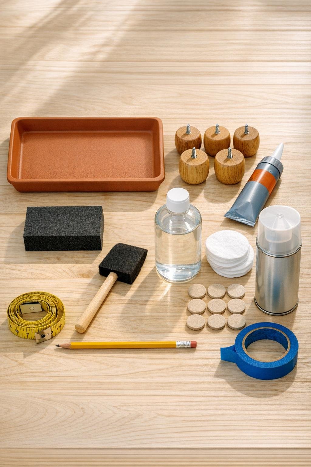 Materials for a terra cotta saucer candle tray laid out neatly on a work surface