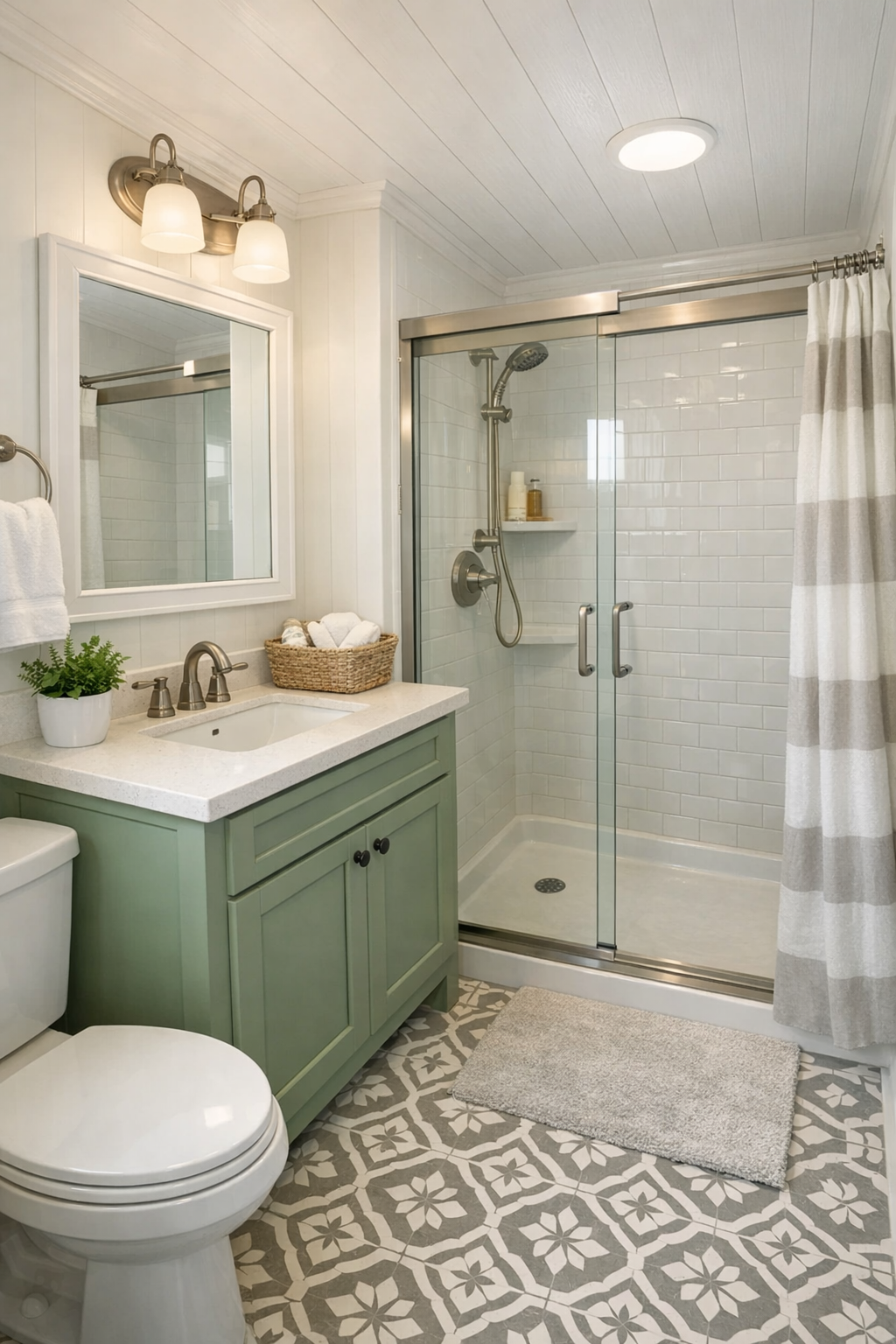 Small elegant cottage bathroom with a light vanity and patterned tile floor