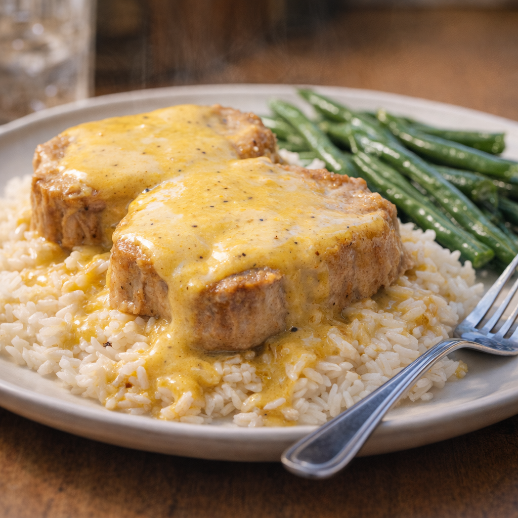 Plated sunny pork chops over rice