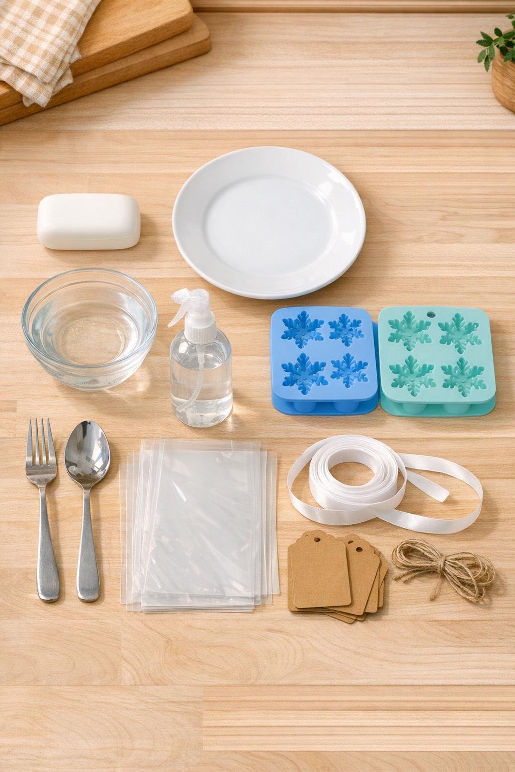 Materials laid out for whipped snow gift soaps