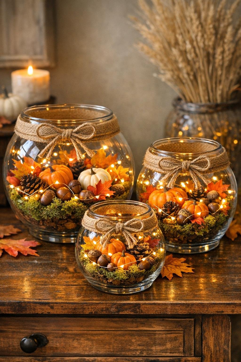 Finished three-piece autumn terrarium display made from old glass fish bowls