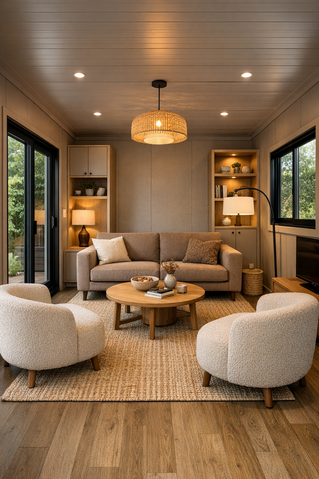 Bright taupe-toned living room with soft modern seating and wide open circulation