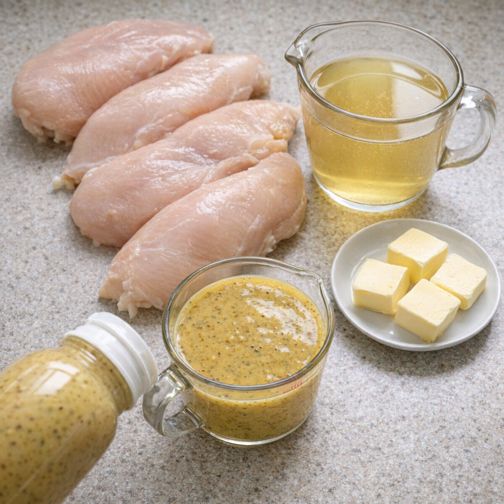 Honey mustard chicken ingredients arranged on a kitchen counter