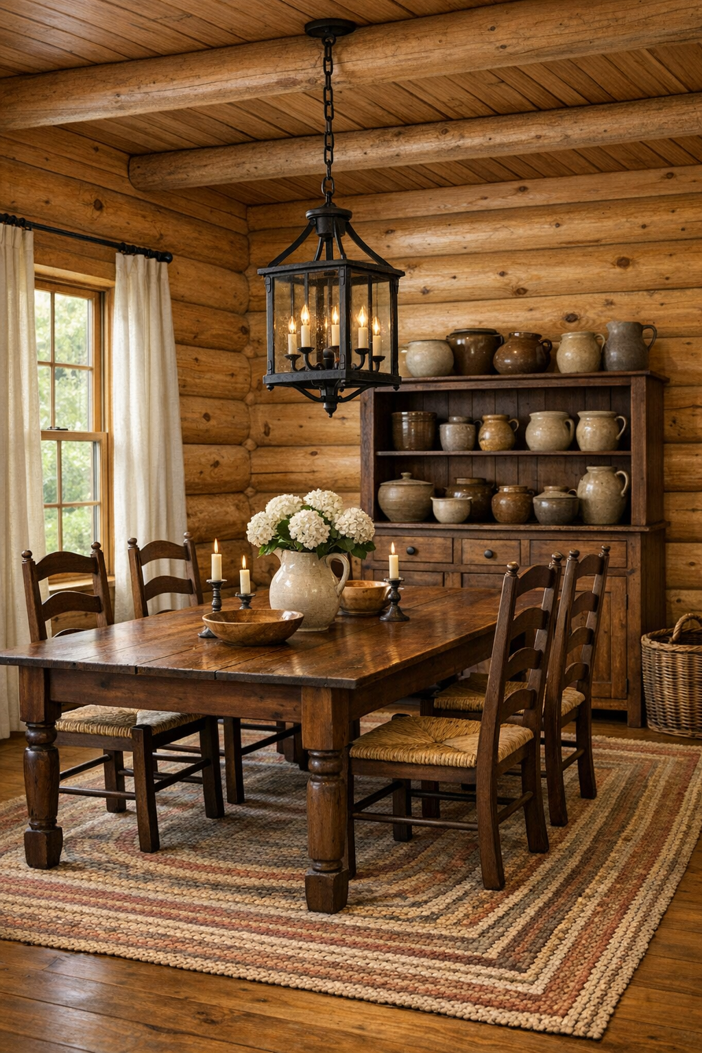 Warm traditional dining room with farmhouse table and lantern chandelier