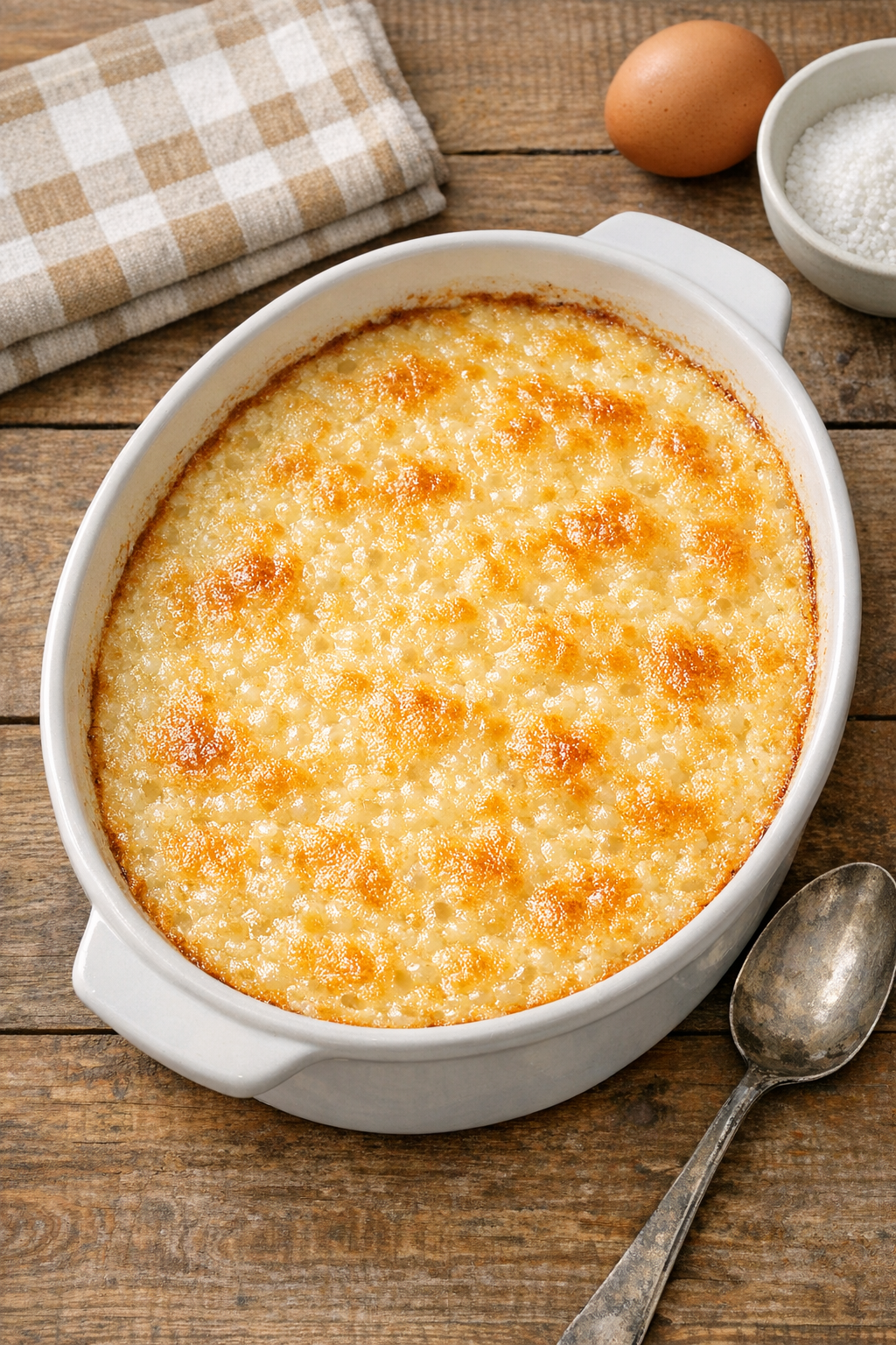 Finished baked tapioca pudding in a ceramic casserole dish
