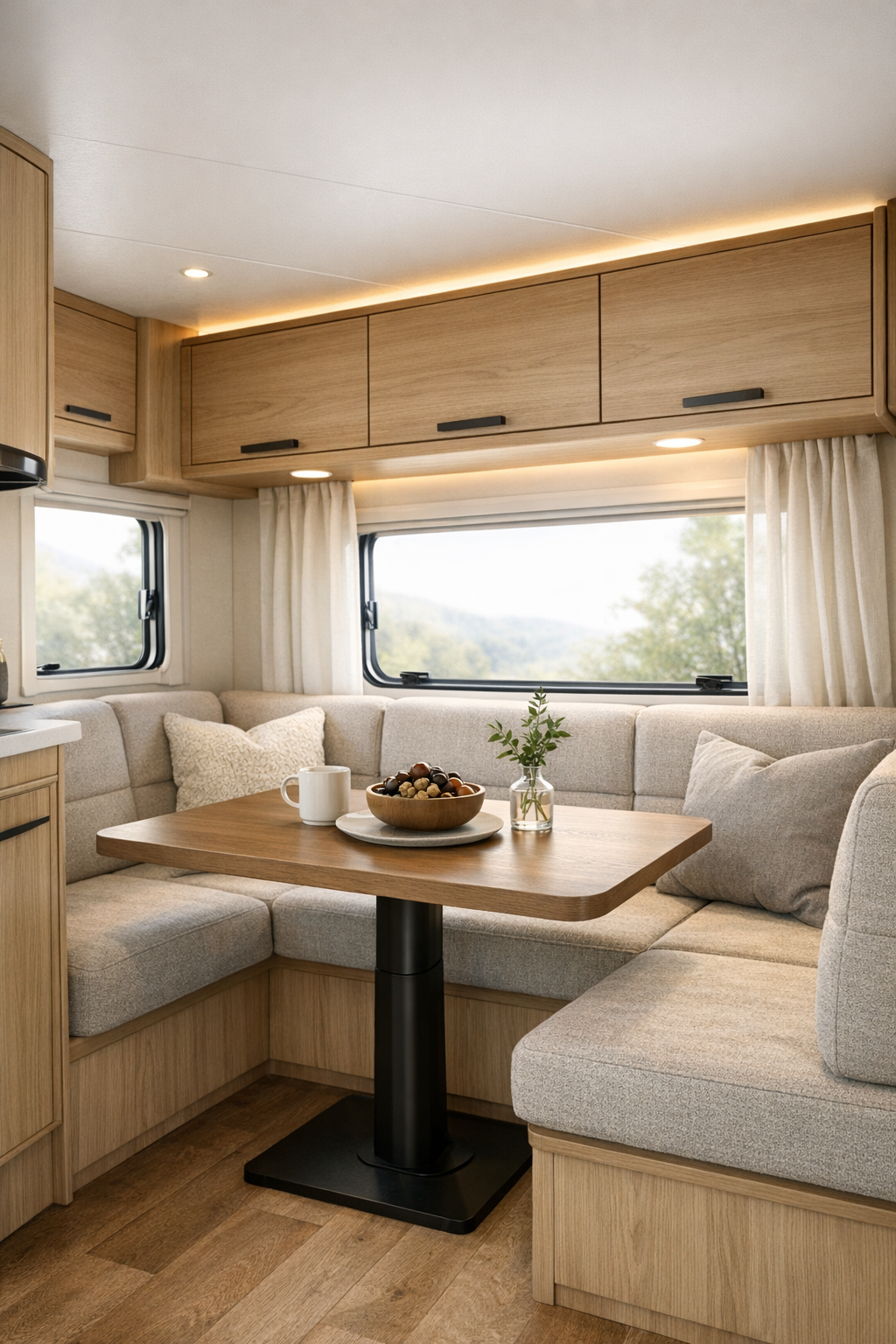 Refined RV dinette with banquette seating and a warm wood pedestal table