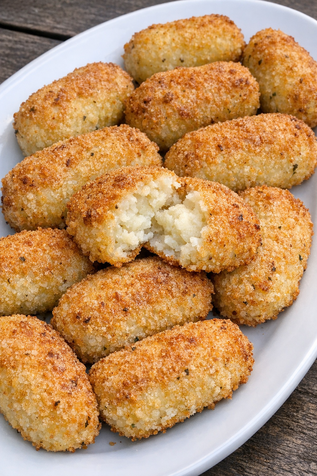 Golden brown potato croquettes on a white oval platter
