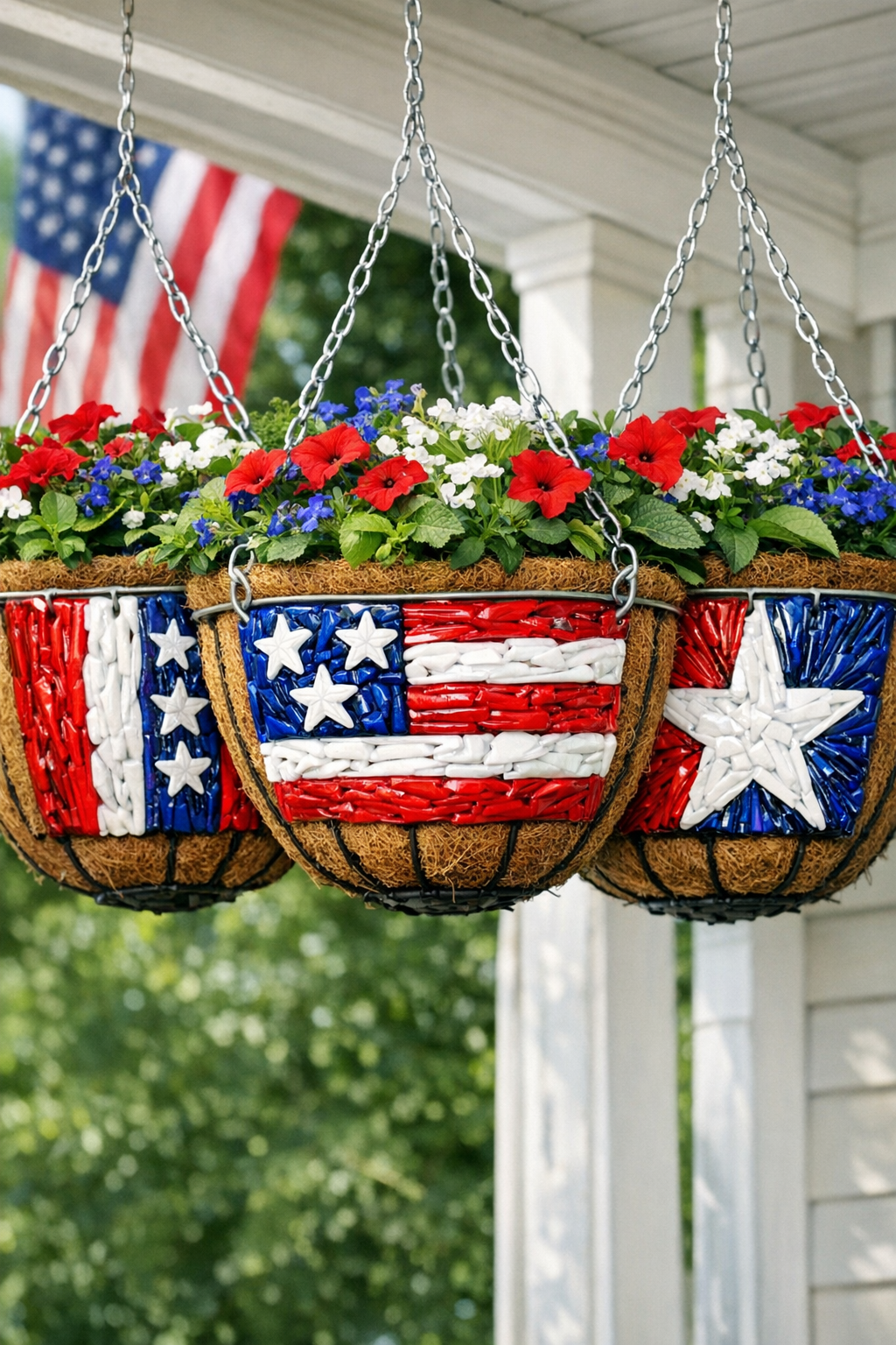 Three finished patriotic outdoor hanging baskets decorated with melted plastic hanger panels