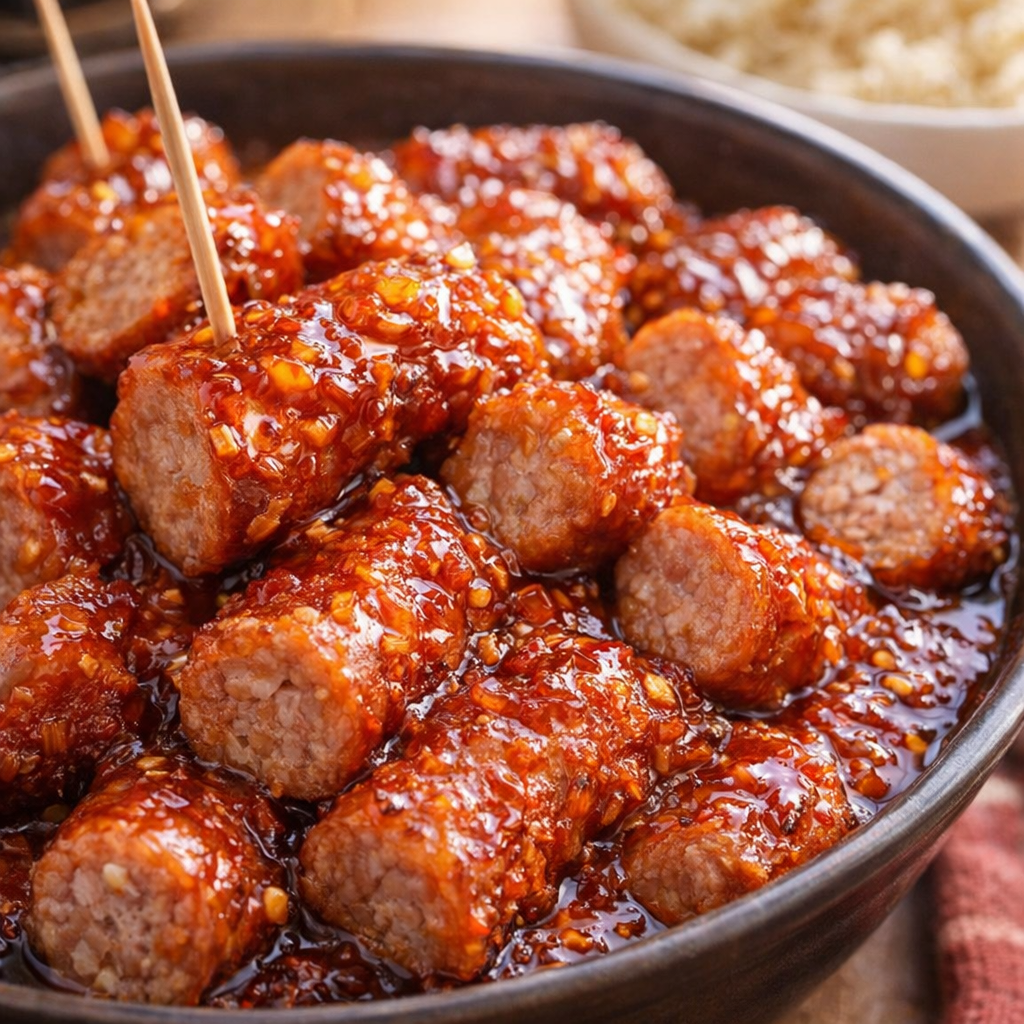 Sliced glazed sausages ready for serving