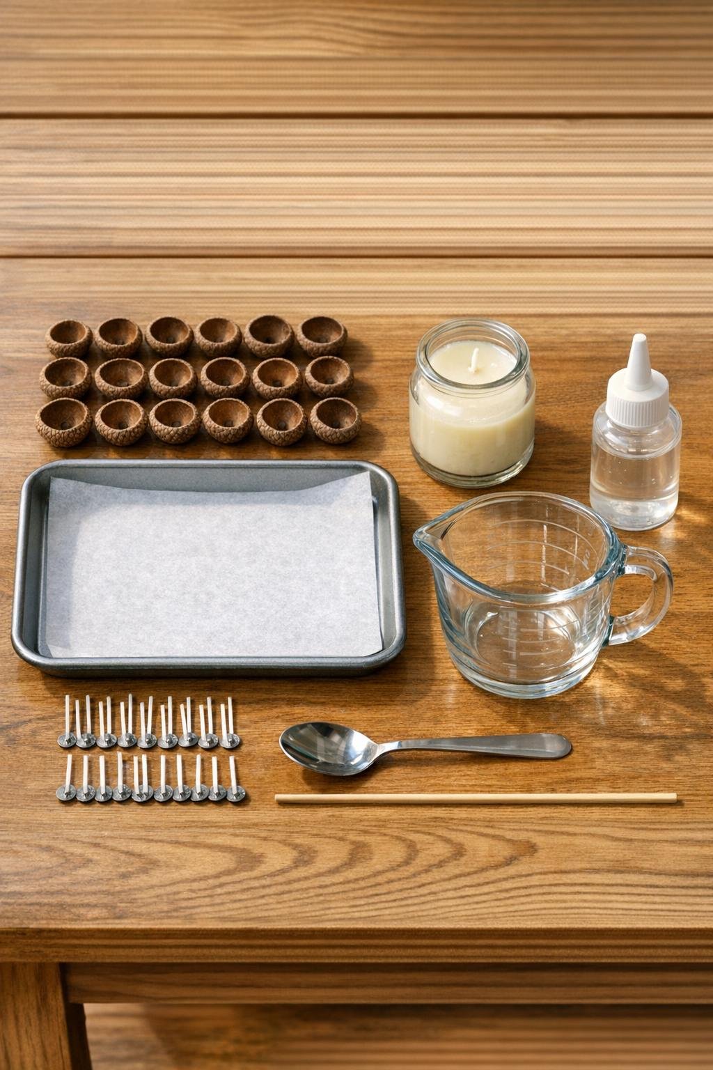 Materials for making acorn cap candles laid out on a table