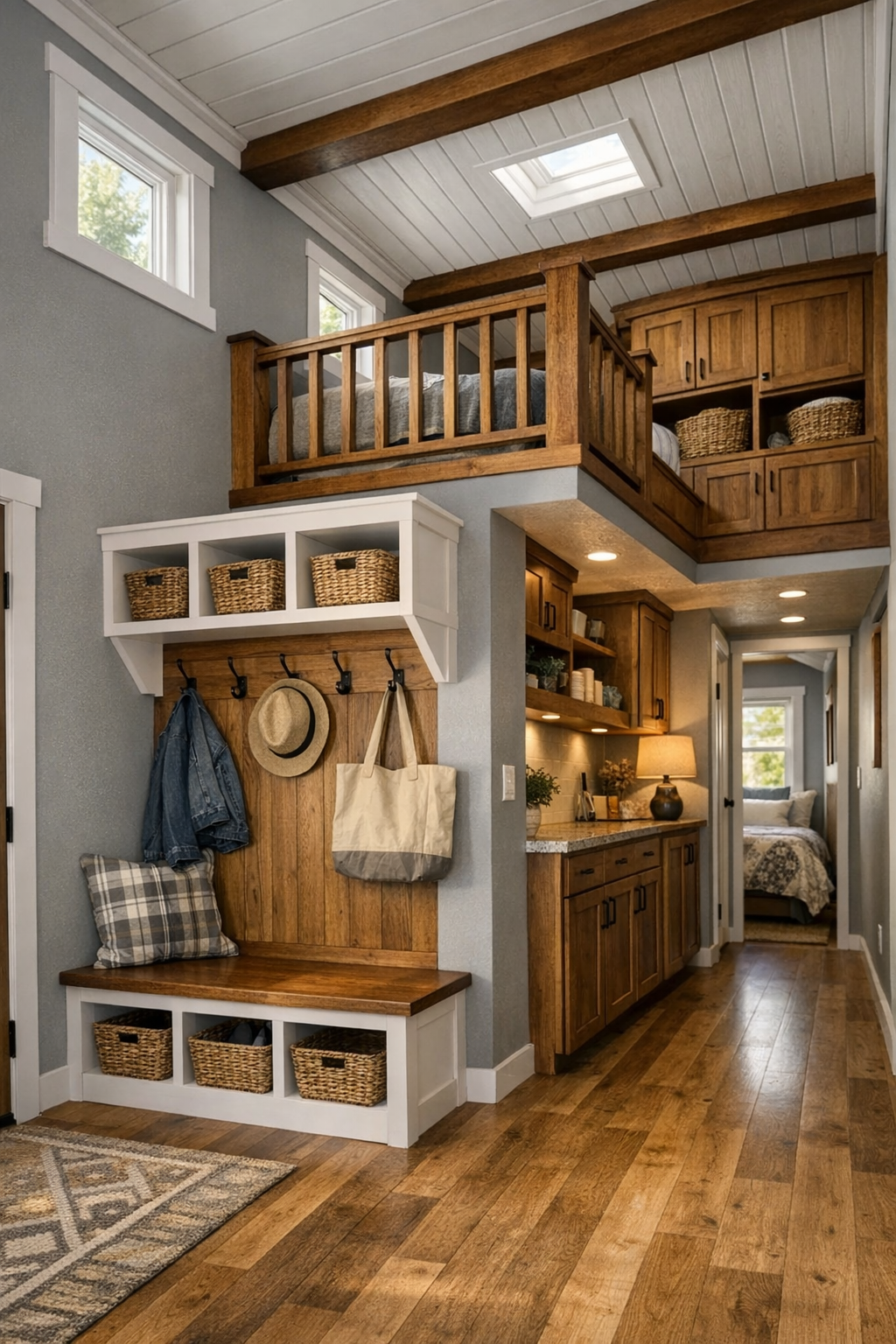 Functional entry and loft area with built-in storage in a compact home