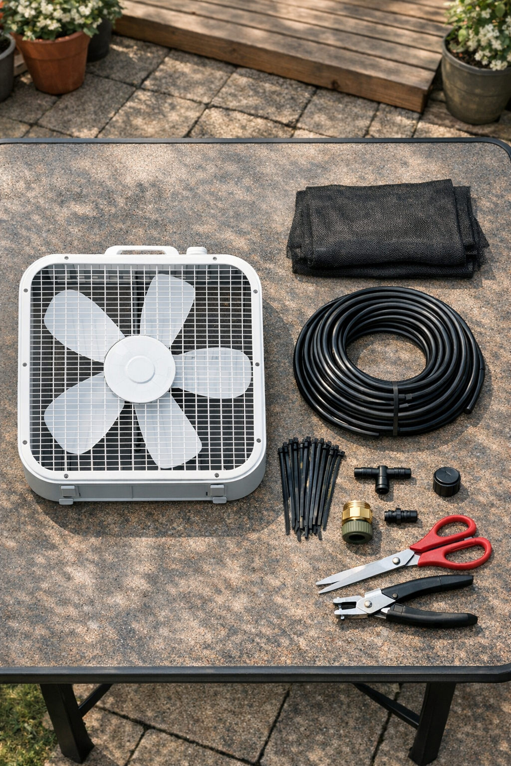 Materials for an outdoor box fan mister laid out on a patio table