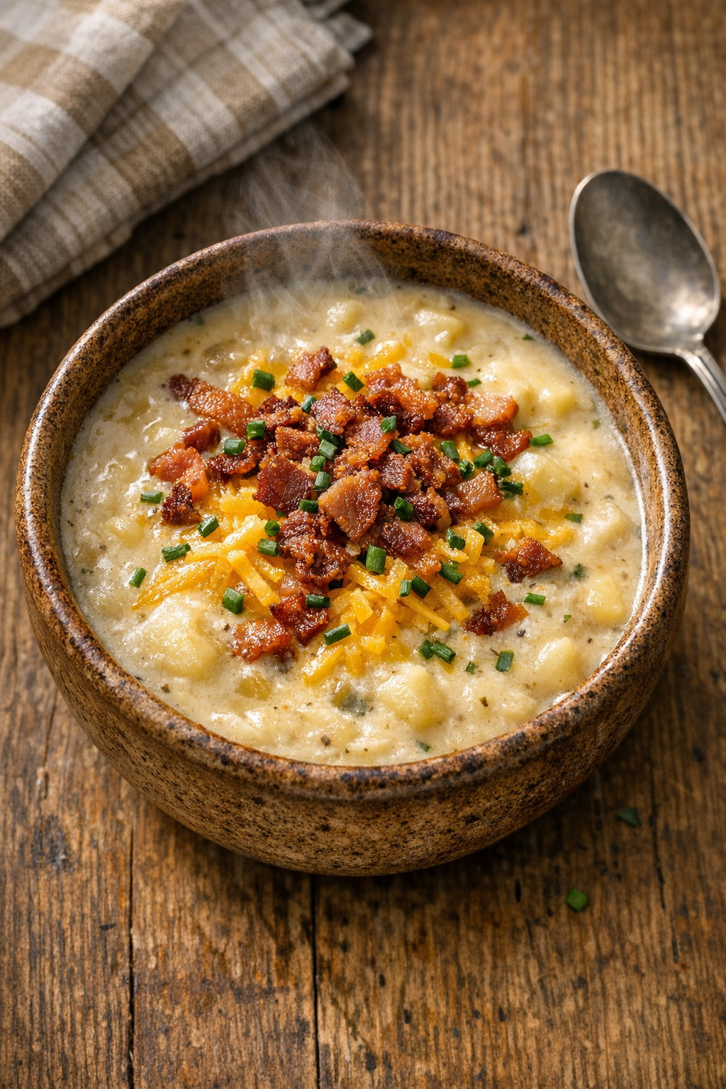Finished loaded potato soup served in a rustic bowl
