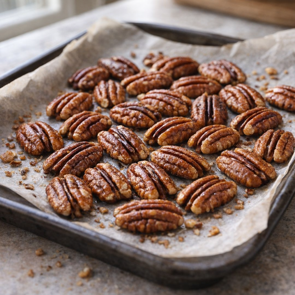 Toasted pecans on a baking tray