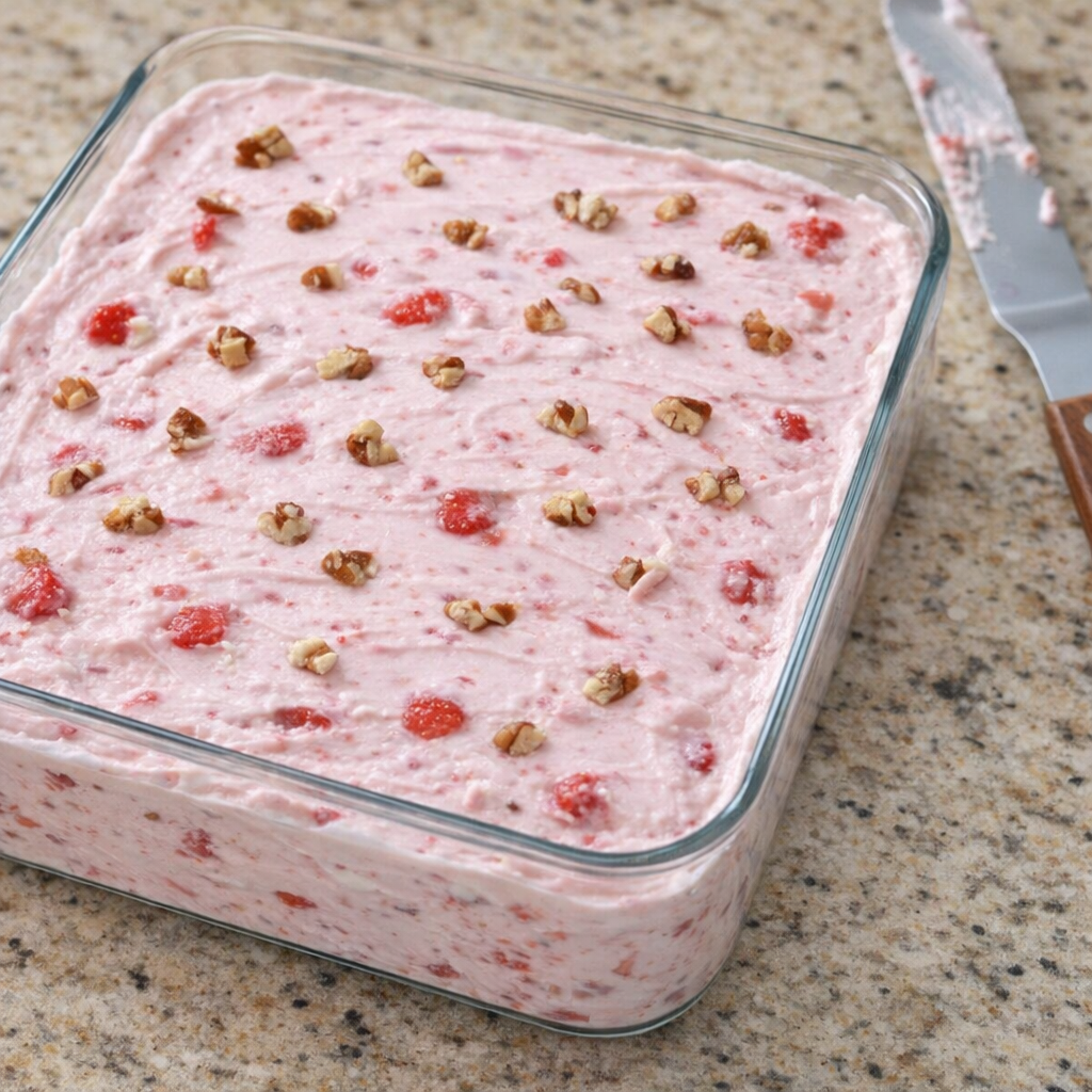 Strawberry fluff spread in dish before freezing