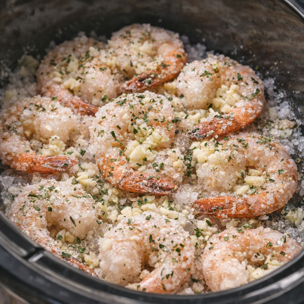 Garlic and seasoning scattered over frozen shrimp