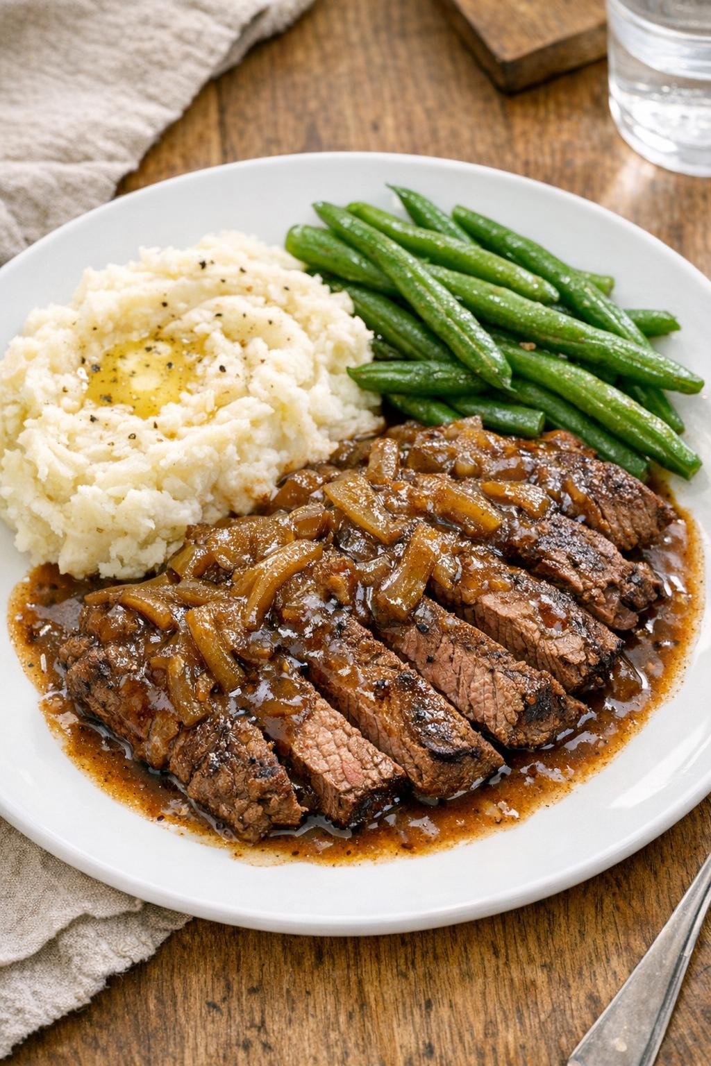 Finished slow cooker flat iron steak dinner plated with gravy