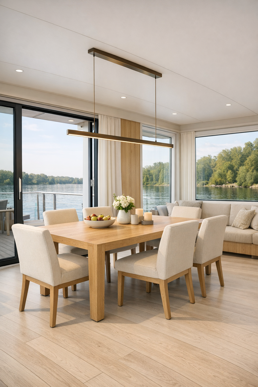 Modern houseboat dining room with light oak table and soft neutral chairs