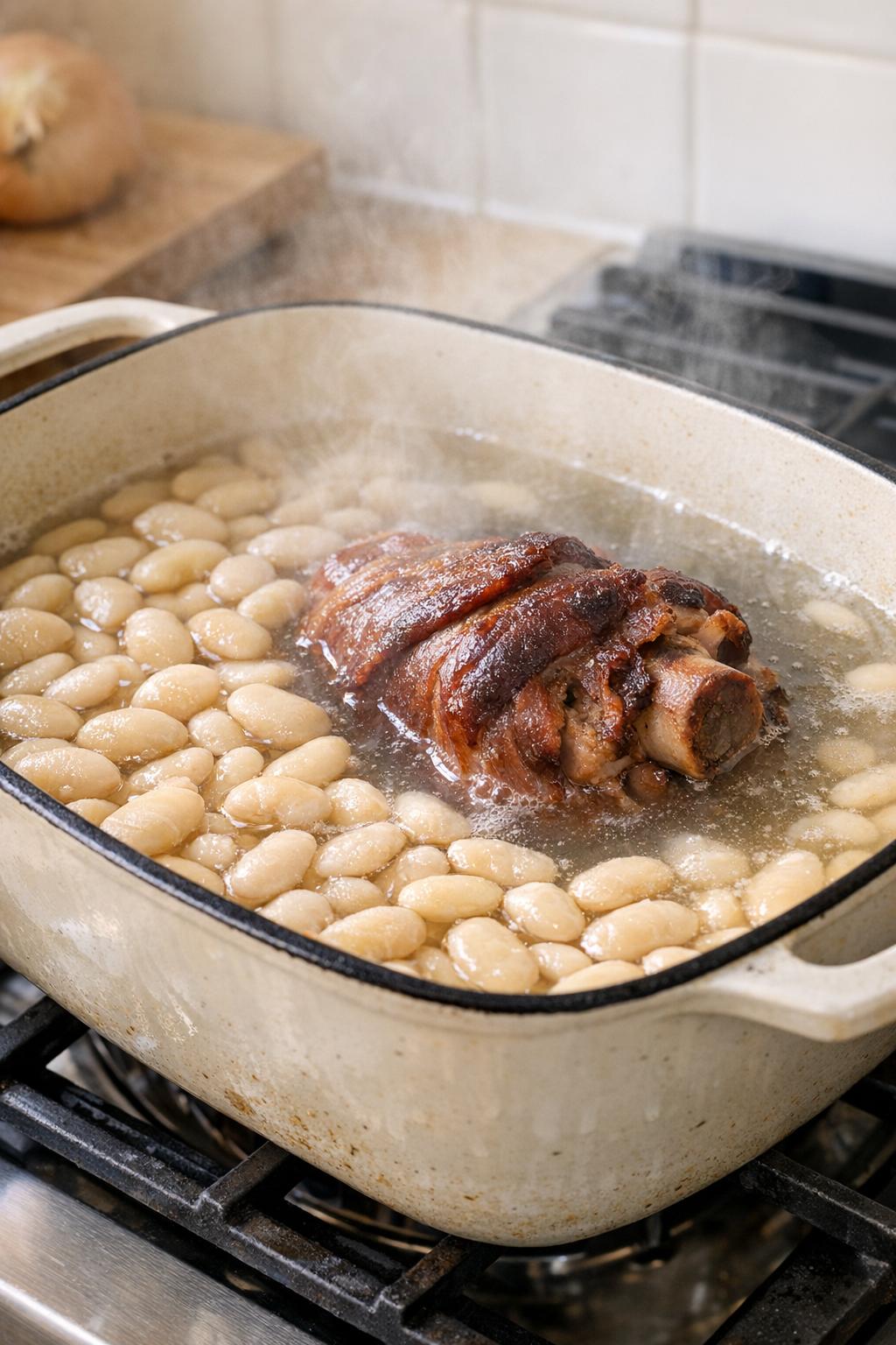 Butter beans and ham hock starting to simmer in a pot