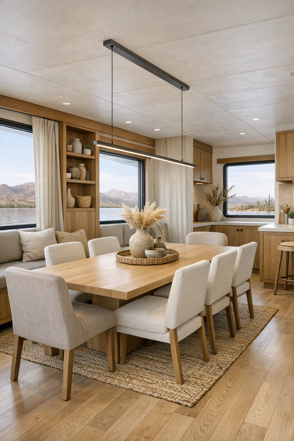 Warm desert modern dining room with pale oak table, upholstered chairs, and a linear pendant light