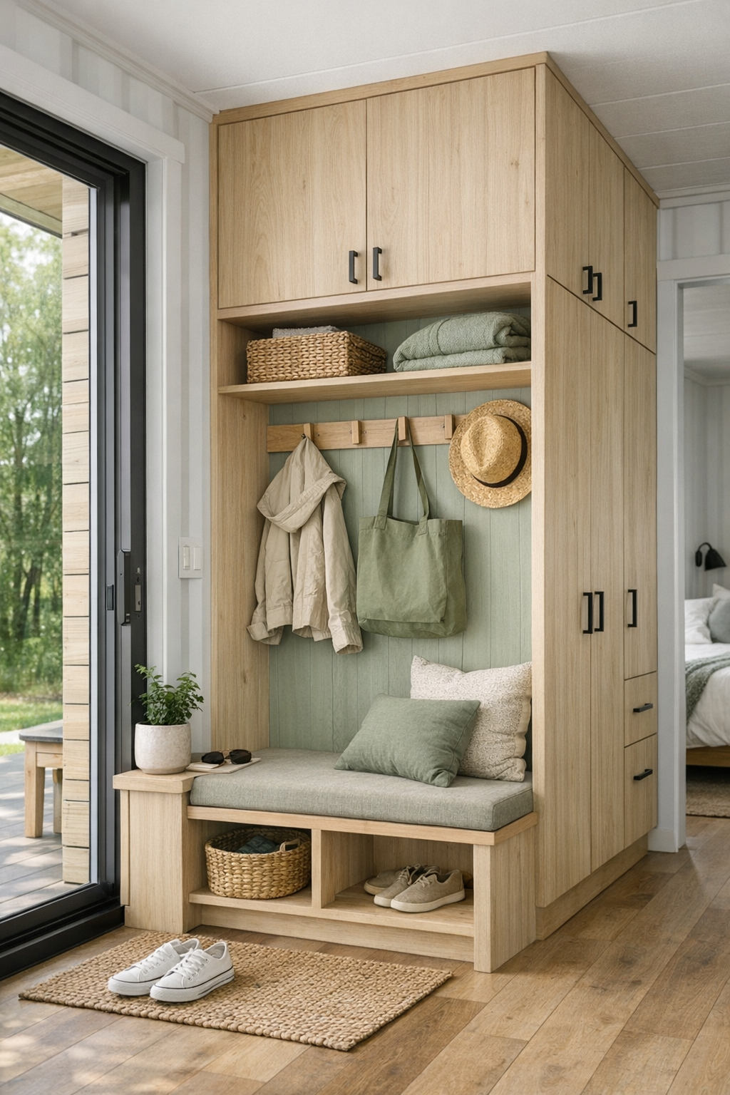 Functional hallway nook with built-in storage, bench seating, and warm modern finishes