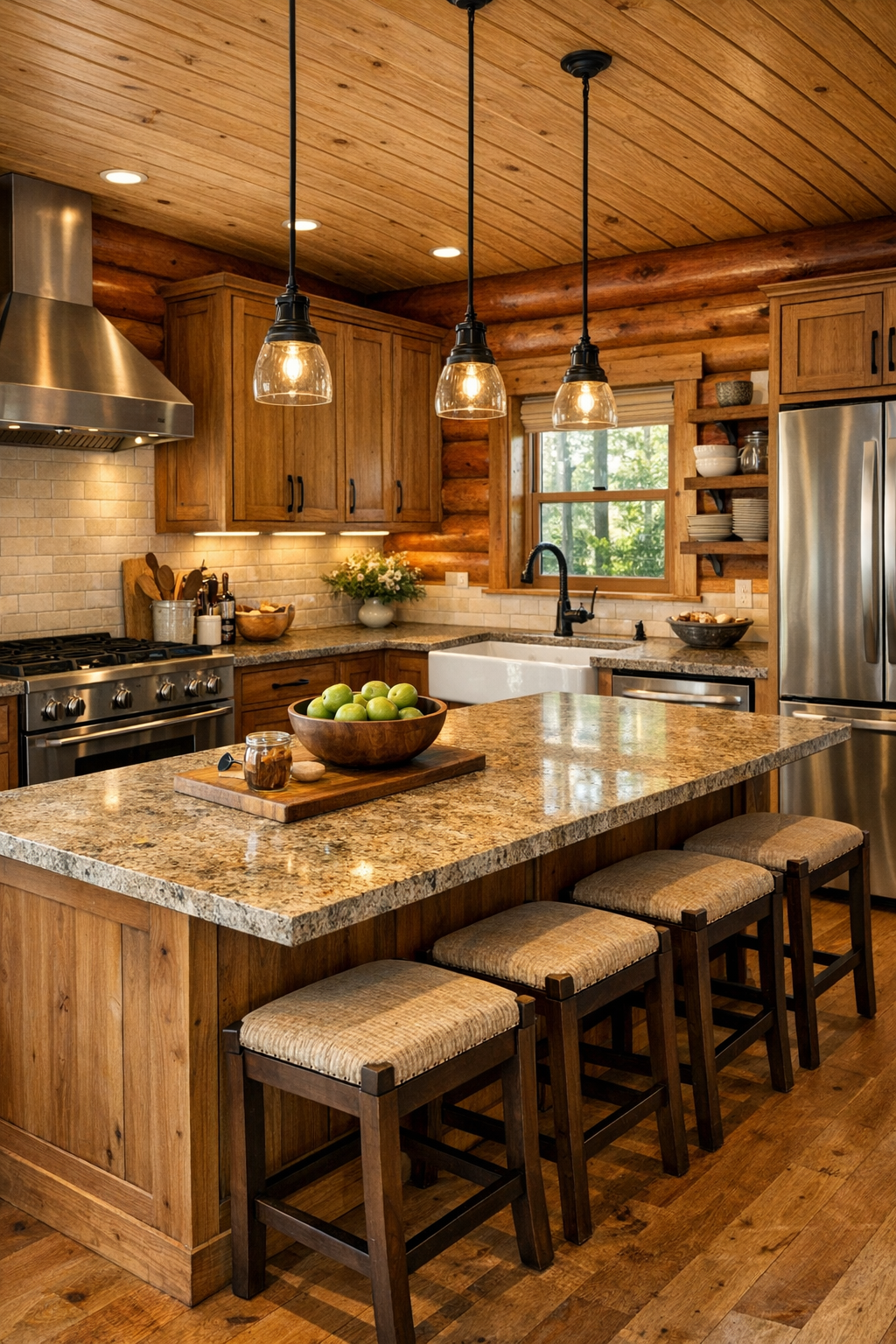 Bright log home kitchen with wood cabinetry, stone counters, and a large central island