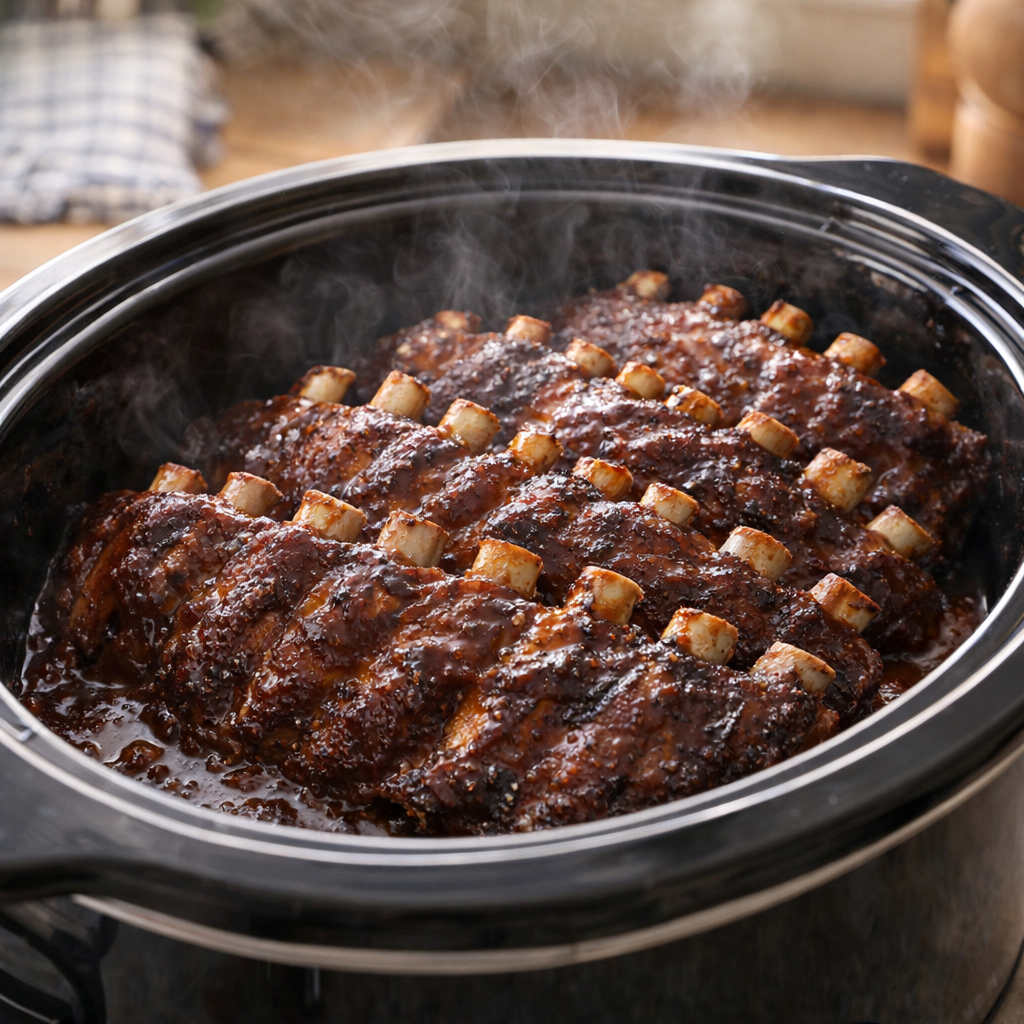 Cooked ribs in the slow cooker with glossy sauce