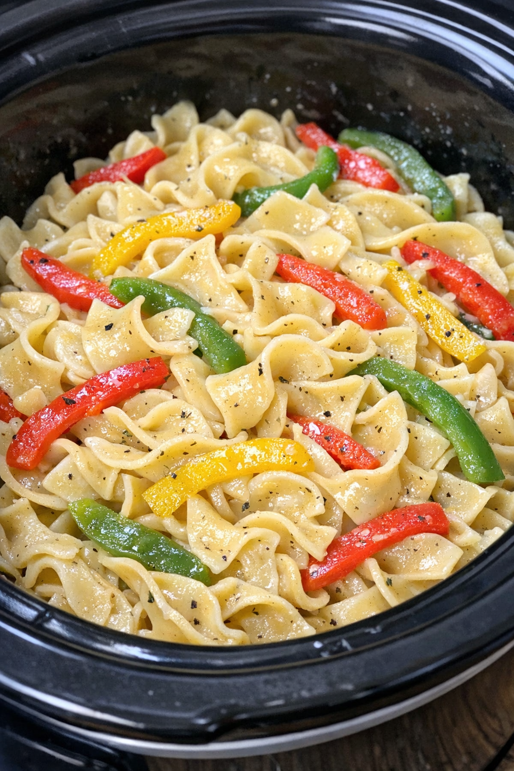 Slow cooker Amish sweet pepper noodles in a black slow cooker
