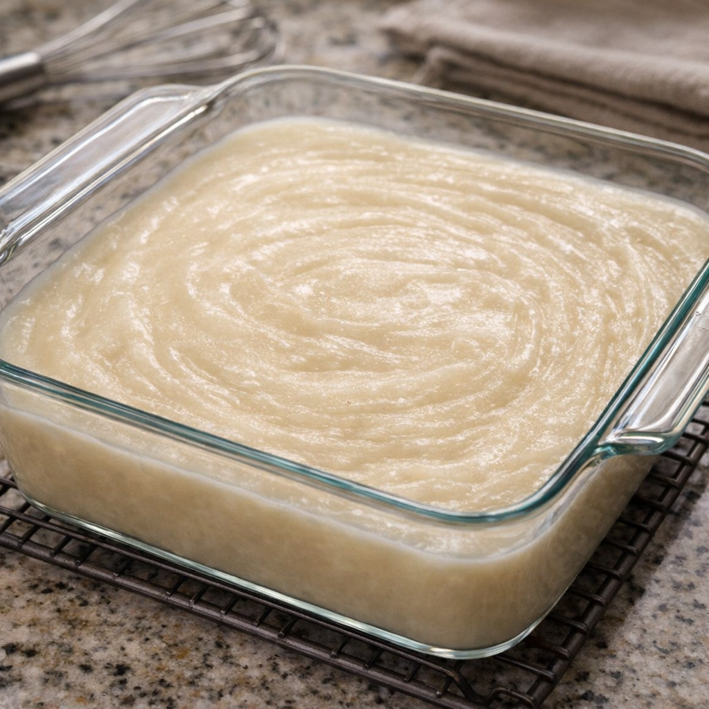 Empty glass casserole dish set out on a kitchen counter
