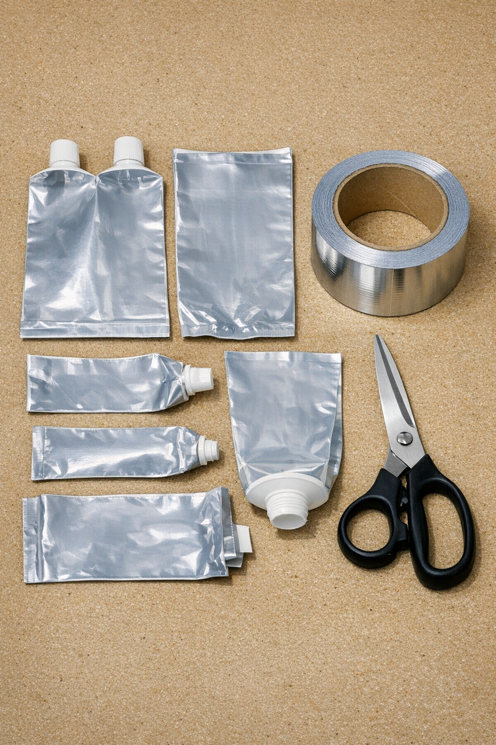 Empty toothpaste tubes and a roll of aluminum foil tape laid out for the project