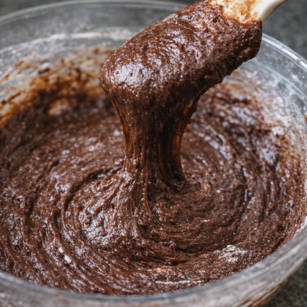 Thick chocolate brownie batter in a mixing bowl
