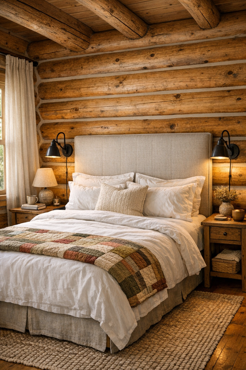 Peaceful log bedroom with upholstered headboard and layered linens